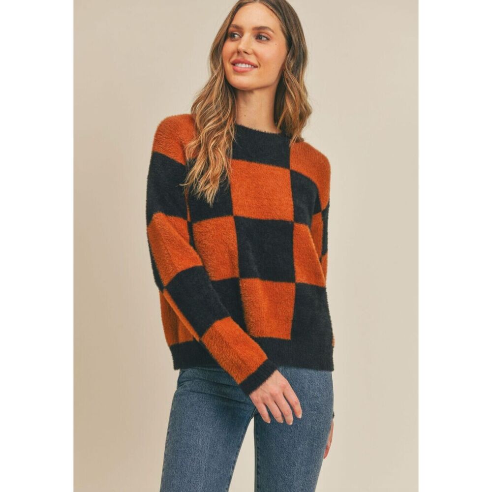 NWT Sadie and Sage Bits and Pieces Fall Checkered Black Orange Sweater Size: M